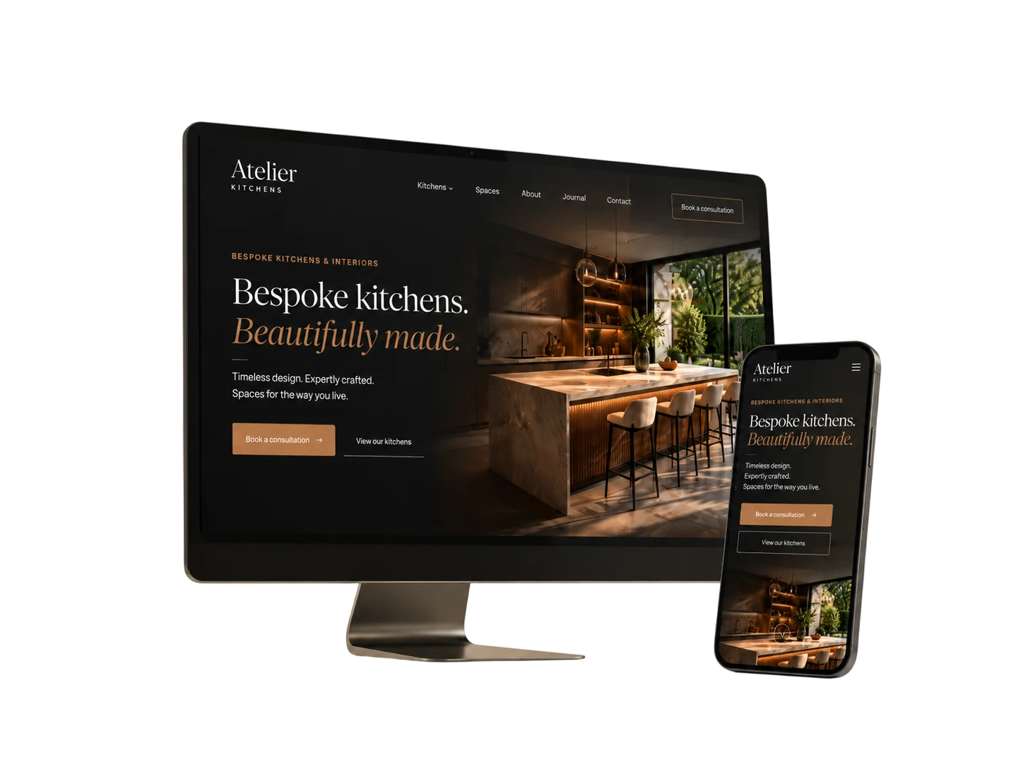 Premium website design mockup shown on desktop and mobile screens
